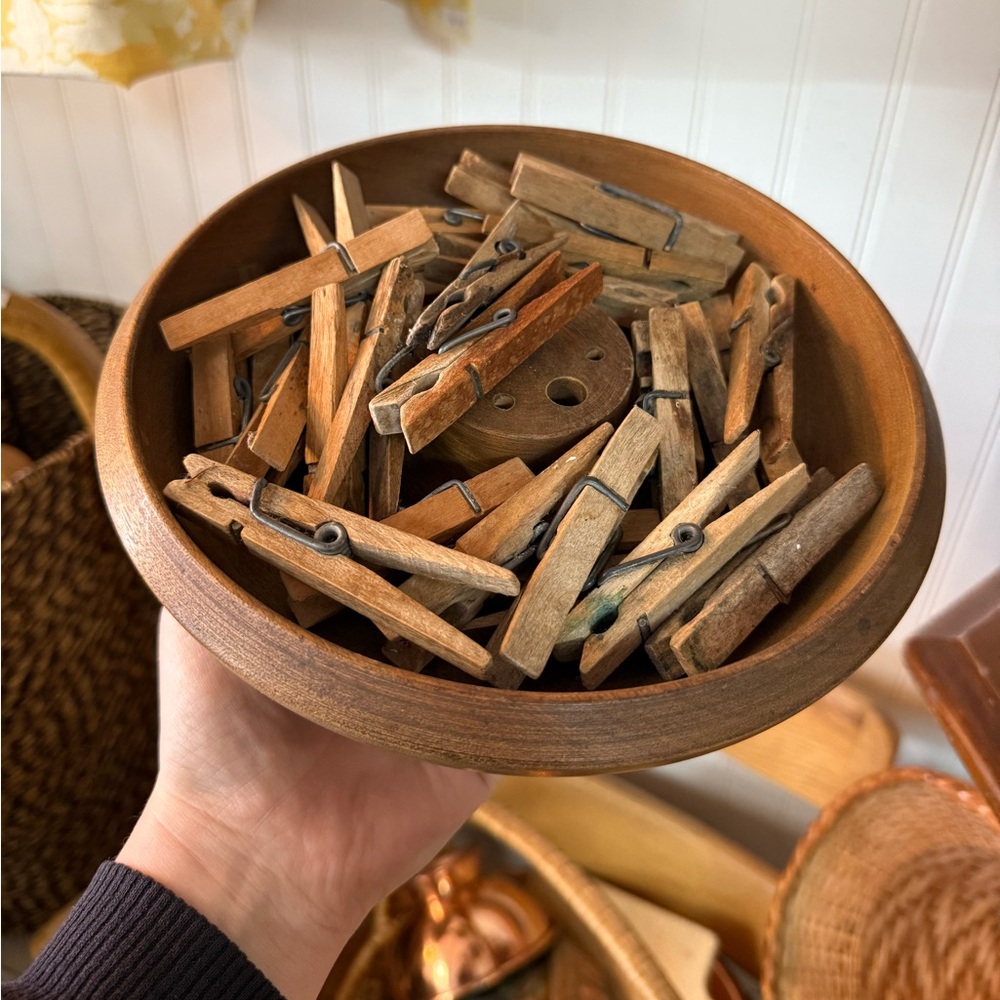 Vintage Wooden Clothespins in Antique Bowl